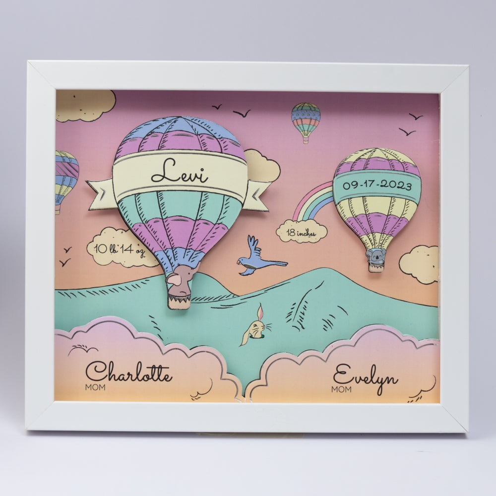 Shadow Box Frame with Silver Foil - Coral Hot Air Balloon