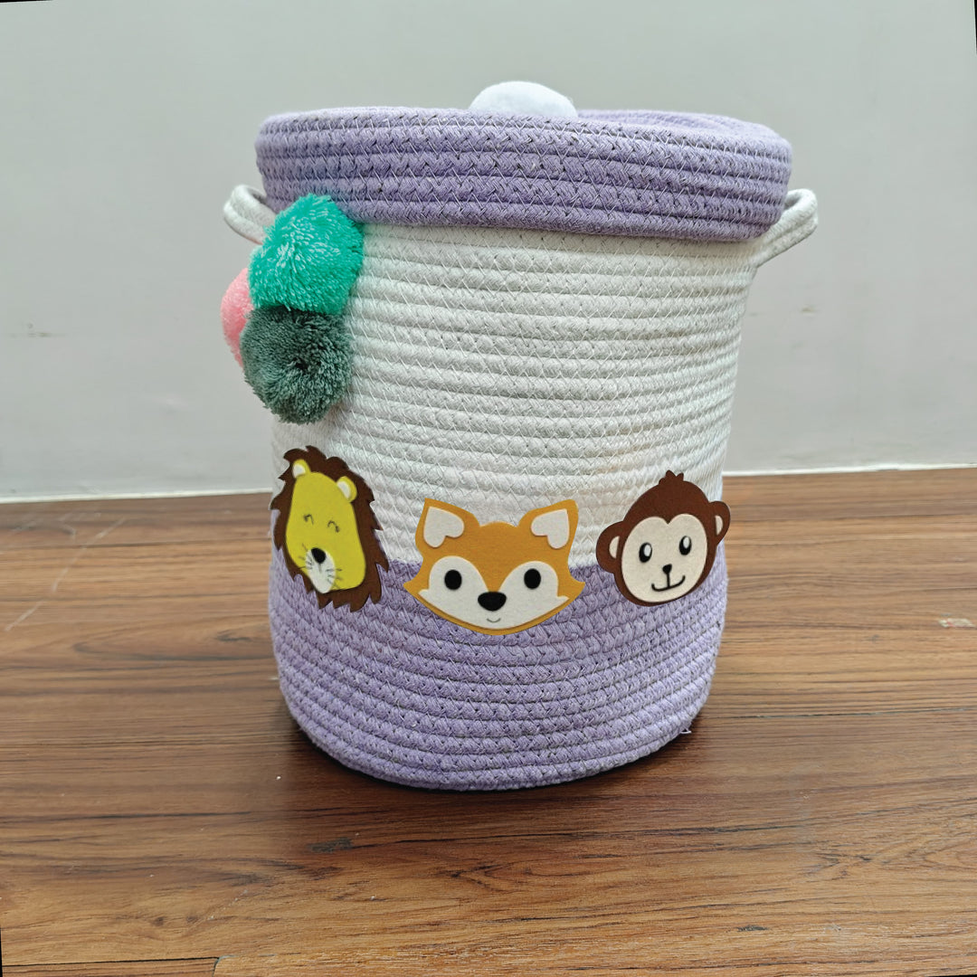Babble Wrap Jute Cotton Storage Basket with Lid-Purple Paw