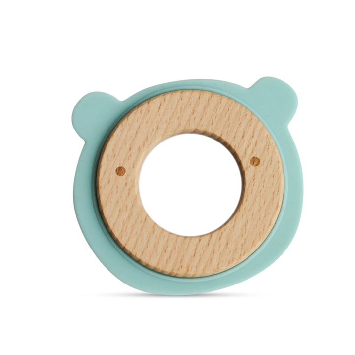Wood + Silicone Disc Teether- BEAR Shape- Blue