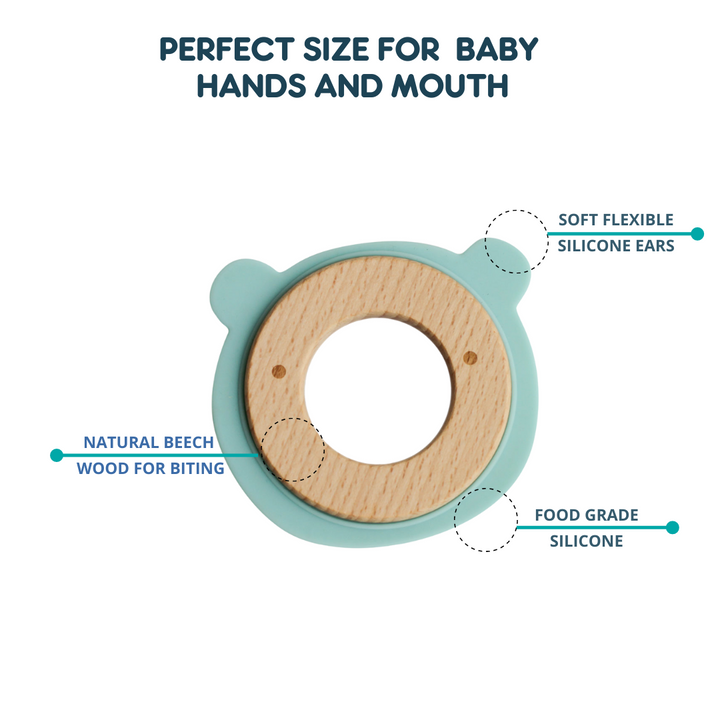 Wood + Silicone Disc Teether- BEAR Shape- Blue