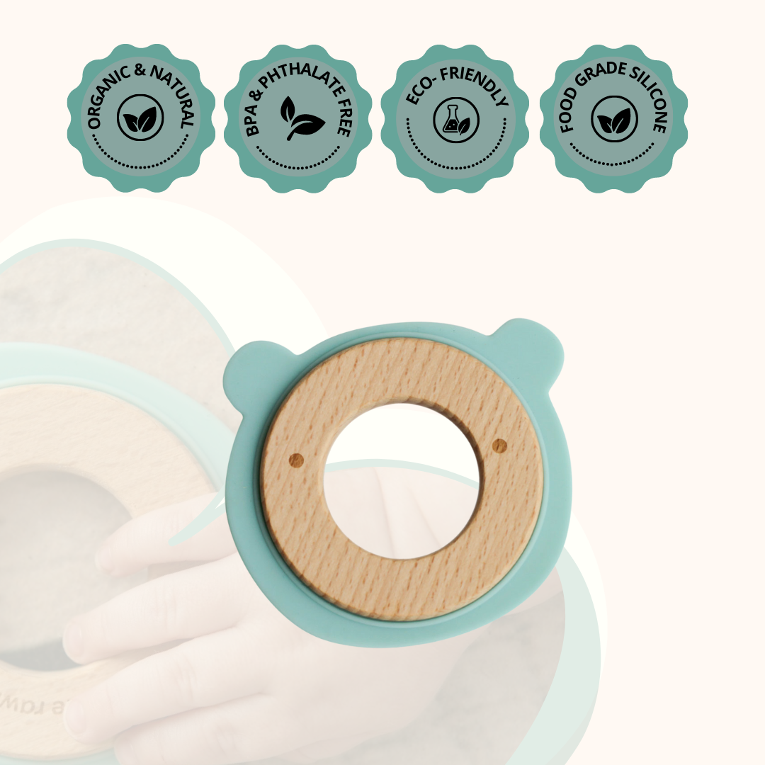 Wood + Silicone Disc Teether- BEAR Shape- Blue