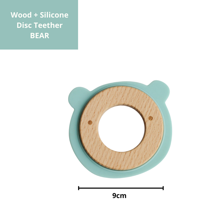 Wood + Silicone Disc Teether- BEAR Shape- Blue