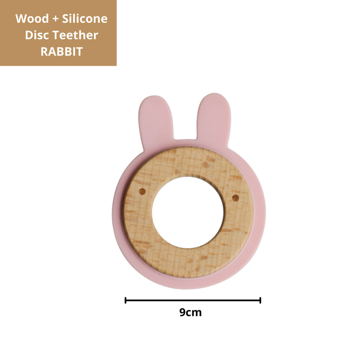 Wood + Silicone Disc Teether- RABBIT Shape- Pink