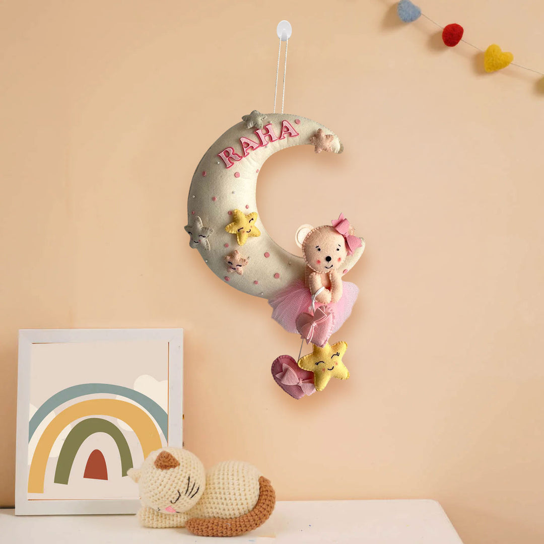 Babble Wrap  Pink Teddy On a Moon Name Hanging