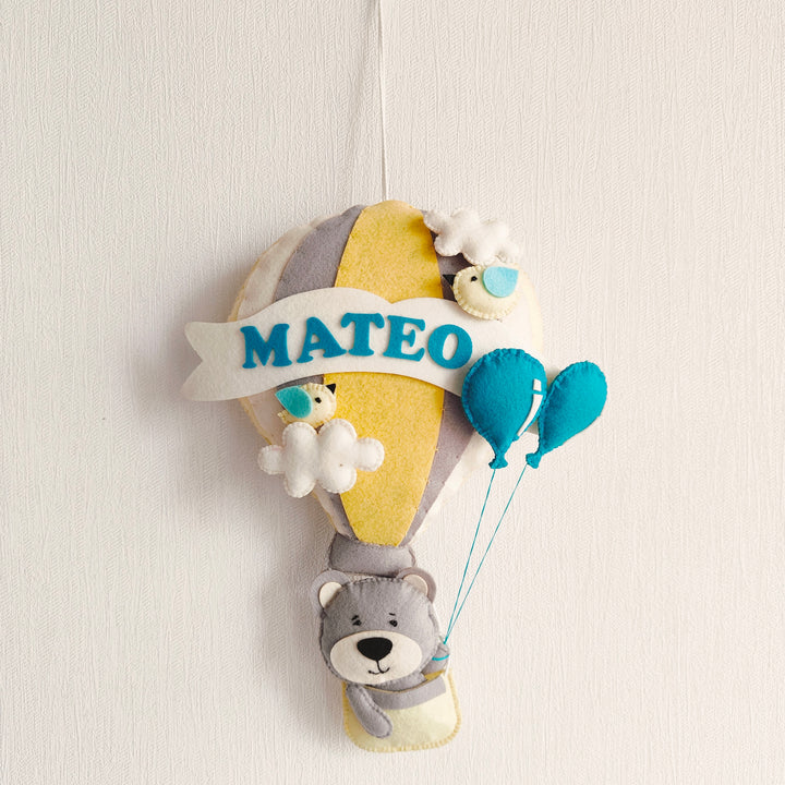 Babble Wrap  Grey Teddy in a Hot Air Balloon Name Hanging