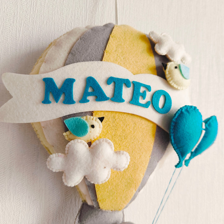 Babble Wrap  Grey Teddy in a Hot Air Balloon Name Hanging