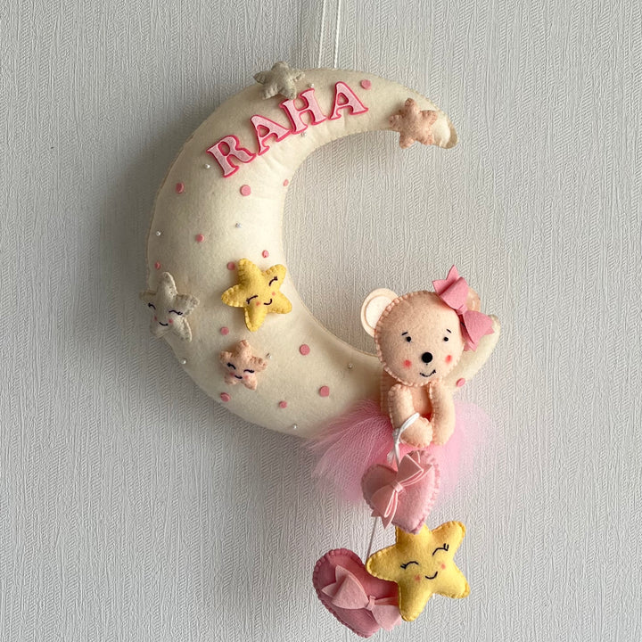 Babble Wrap  Pink Teddy On a Moon Name Hanging