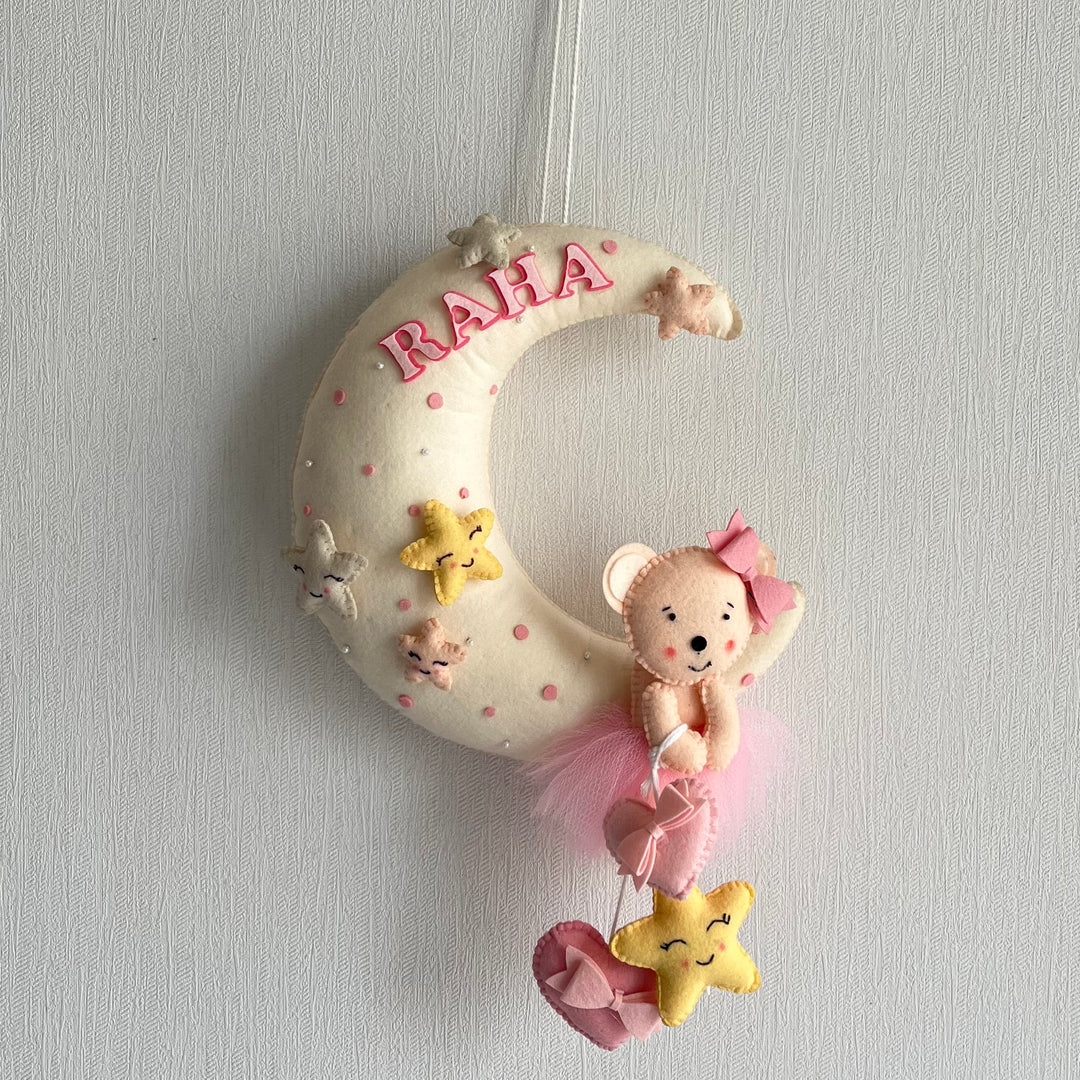 Babble Wrap  Pink Teddy On a Moon Name Hanging