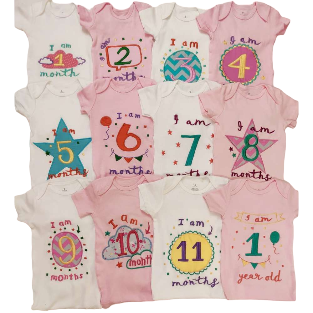 Hand Embroidered Milestone Romper Set of 12 - Bubble thoughts - White Pink White Combination