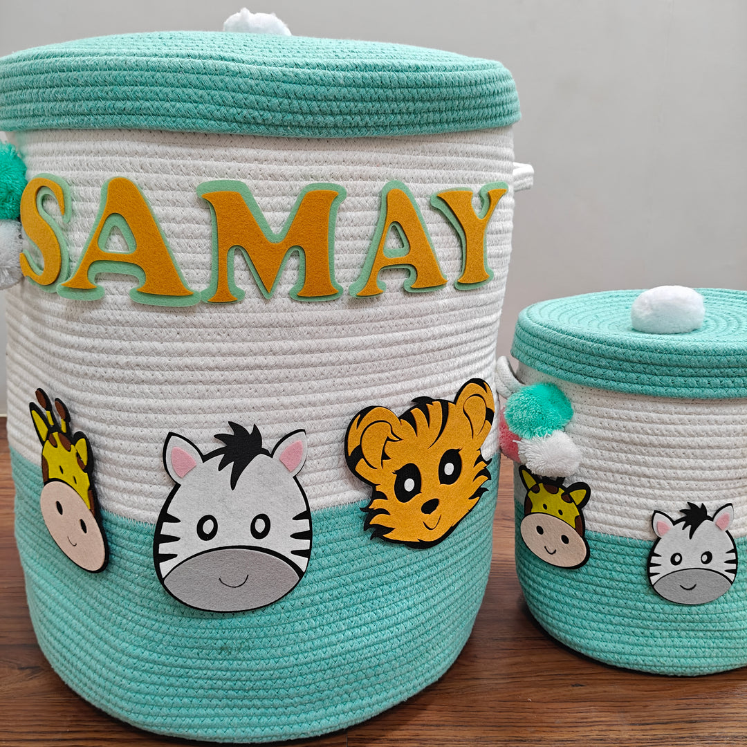Babble Wrap Jute Cotton Storage Basket with Lid  - Teal & Wild