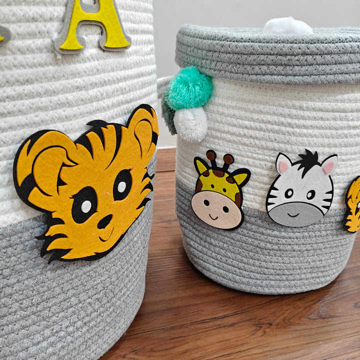Babble Wrap Jute Cotton Storage Basket  with Lid - Smoky Safari