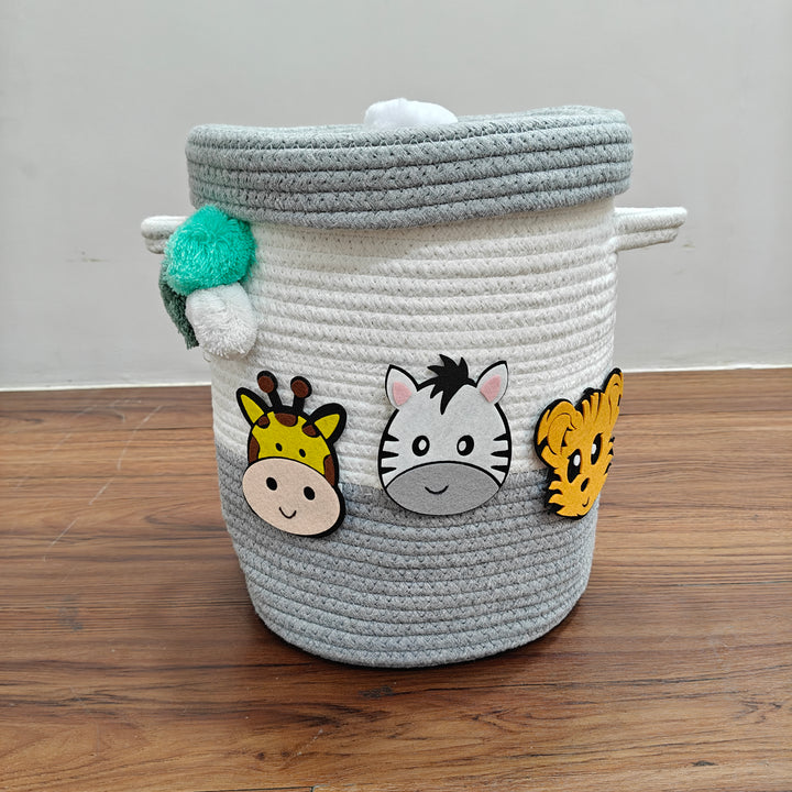 Babble Wrap Jute Cotton Storage Basket  with Lid - Smoky Safari