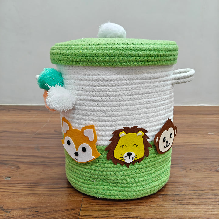 Babble Wrap Jute Cotton Storage Basket with Lid- Jungle Jive