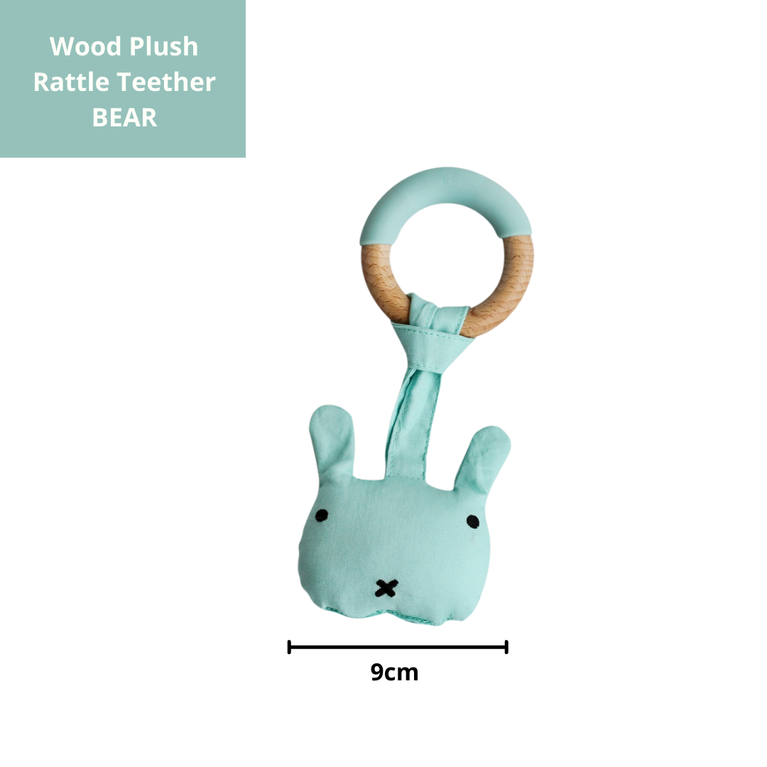 Wood Plush Rattle Teether Toy- BEAR Shape- Blue