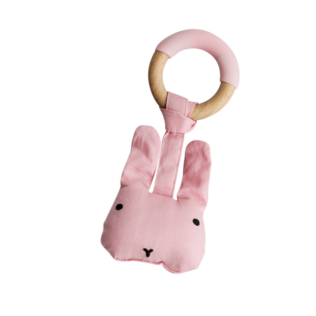 Wood Plush Rattle Teether Toy- RABBIT Shape- Pink