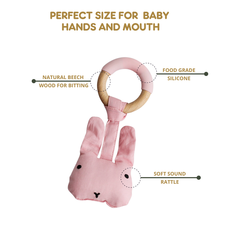 Wood Plush Rattle Teether Toy- RABBIT Shape- Pink