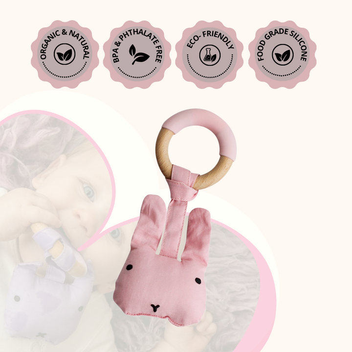 Wood Plush Rattle Teether Toy- RABBIT Shape- Pink