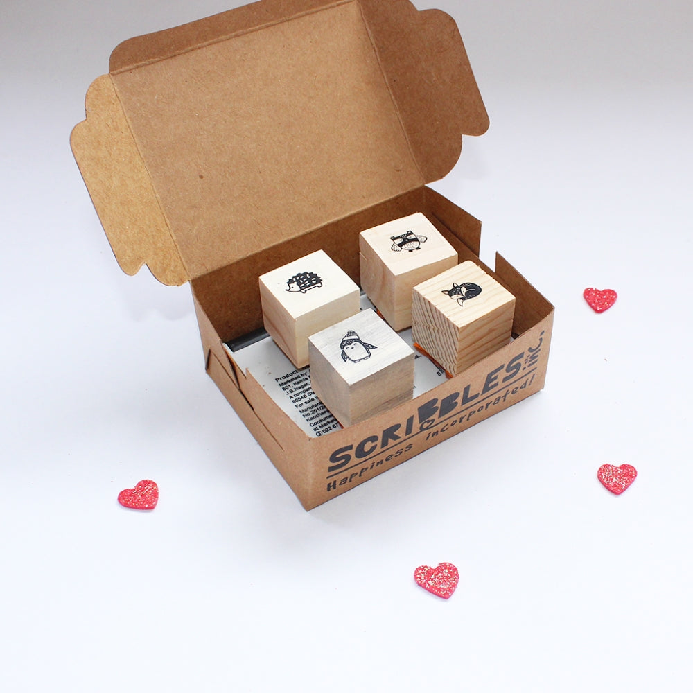 Mini Rubber stamps on a Wooden Mount - Set of 4 (Penguin, Fox, Owl, Hedgehog)