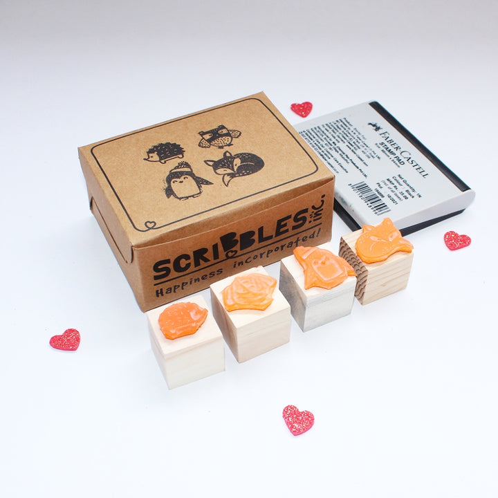 Mini Rubber stamps on a Wooden Mount - Set of 4 (Penguin, Fox, Owl, Hedgehog)