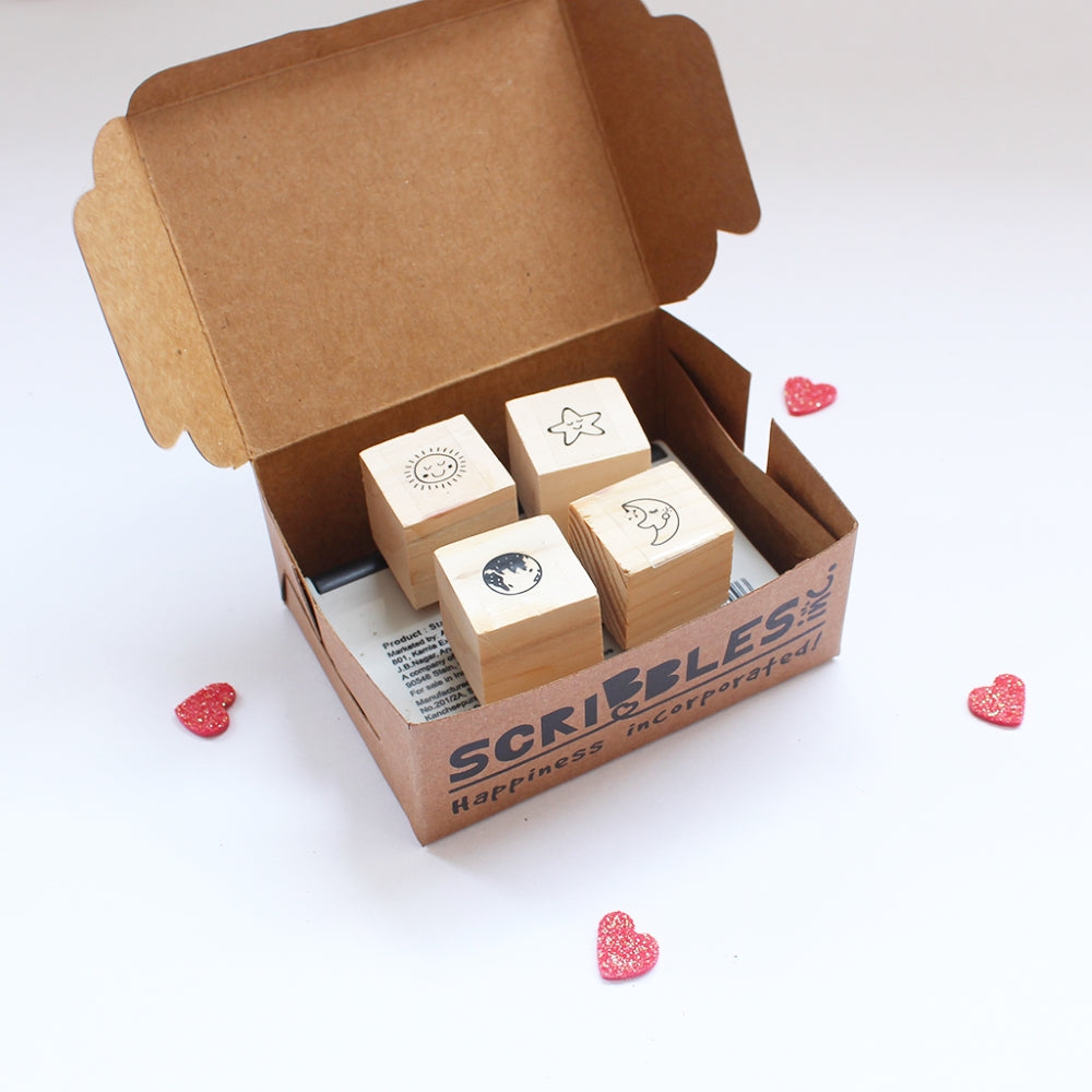 Mini Rubber stamps on a Wooden Mount - Set of 4 (Sun, Moon, Star, Earth)