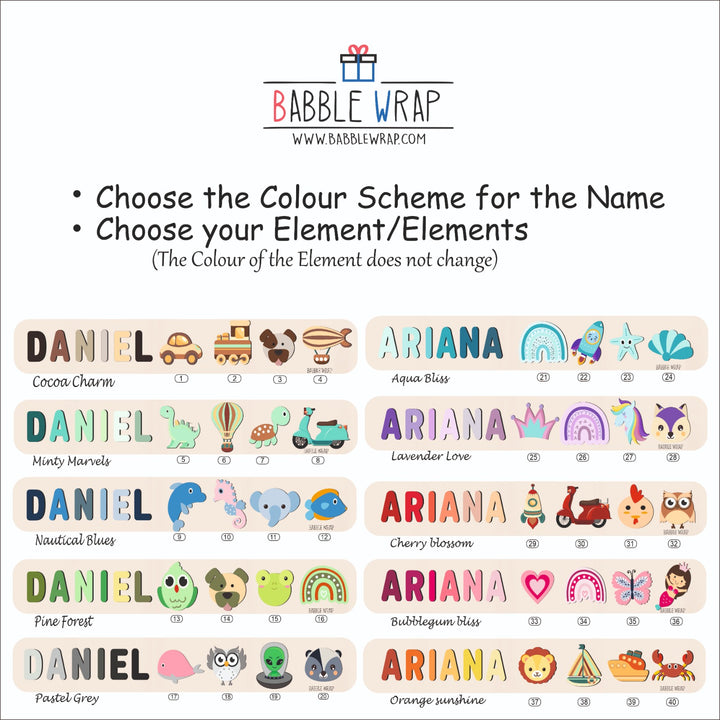 Personalised Wooden Name Puzzle- Mixed Picturesque (2 Elements)