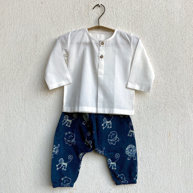 UNISEX ORGANIC WHITE KURTA + ZOO PRINT INDIGO PANTS