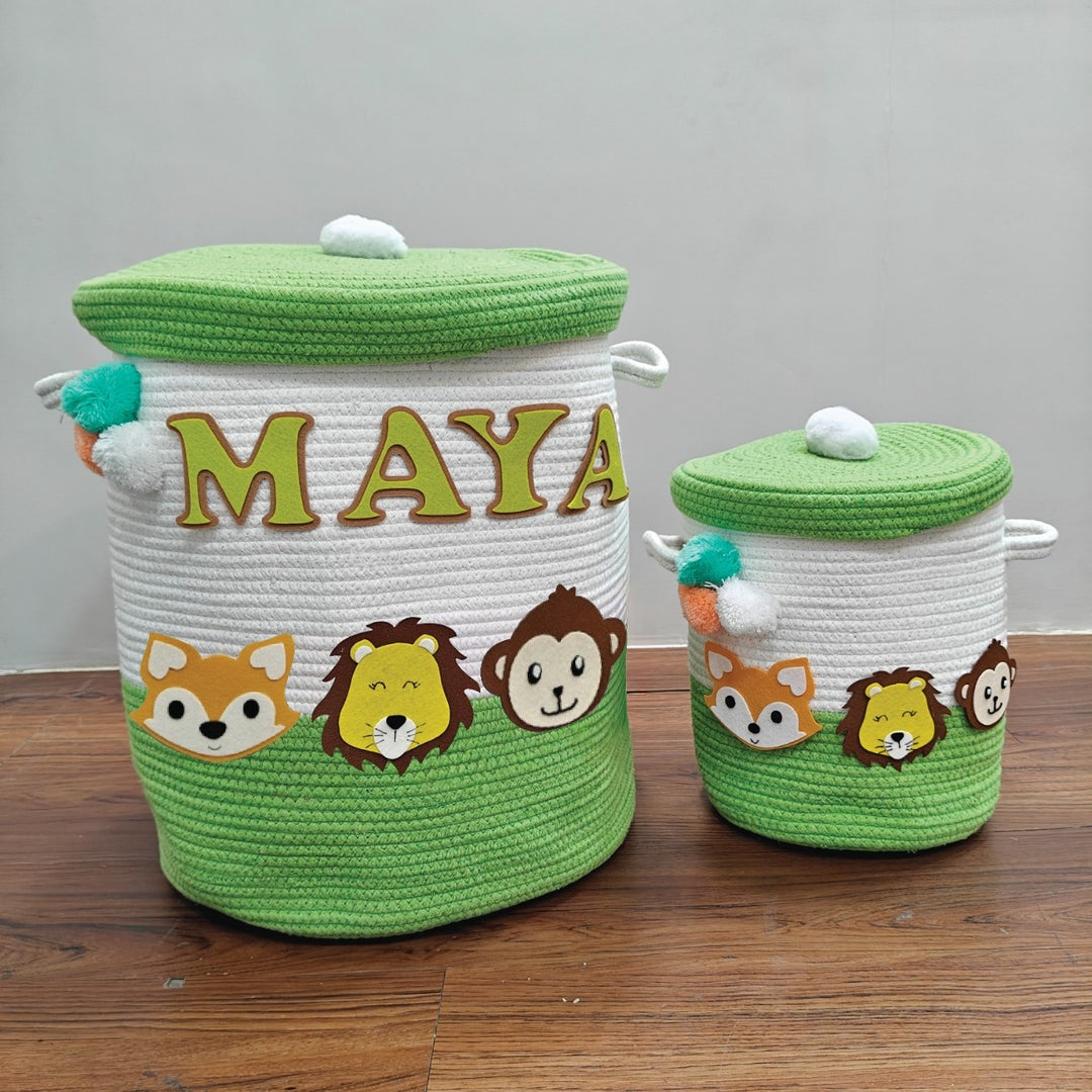 Babble Wrap Jute Cotton Storage Basket with Lid- Jungle Jive