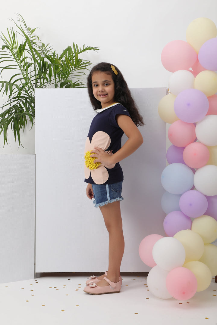 Navy Floral Pom Pom Top