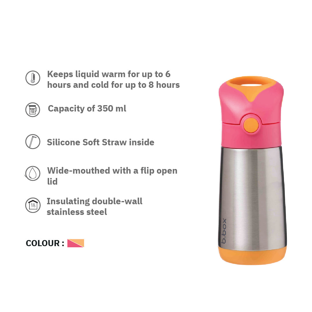 b.box Insulated Straw Sipper Drink Water Bottle 350ml Strawberry Shake PInk Orange - Sohii India