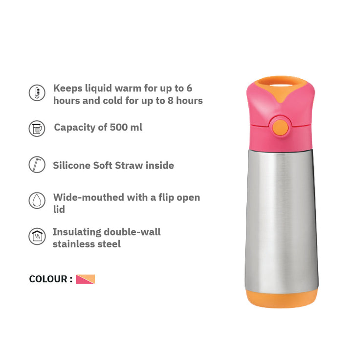 b.box Insulated Straw Sipper Drink Water Bottle 500ml Strawberry Shake PInk Orange - Sohii India