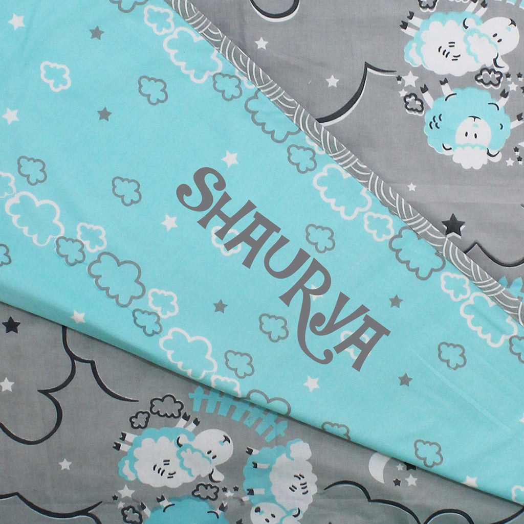 Counting Sheep 100% Cotton 3 Layer Reversible Single Blanket Dohar for Boys & Girls - Blue -  (Can be Personalised)