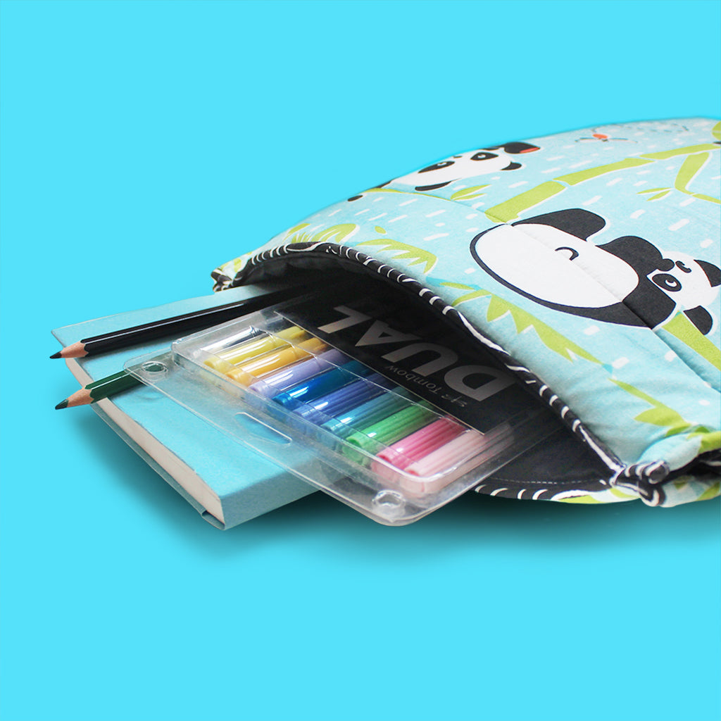 Drawstring Bag with Waterproof Lining || Multipurpose, Swimming Bag, Playtime Bag, Tuition Bag - Panda Village, Blue