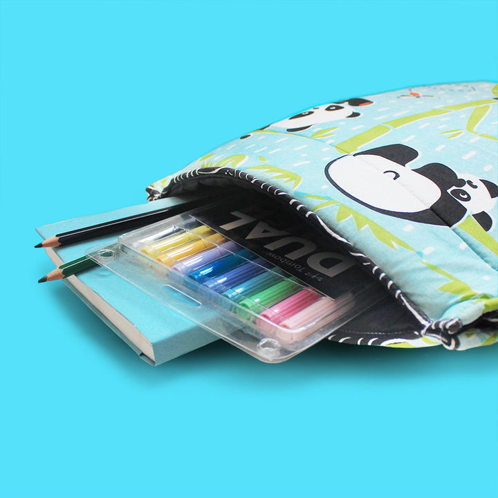 Drawstring Bag with Waterproof Lining || Multipurpose, Swimming Bag, Playtime Bag, Tuition Bag - Panda Village, Blue