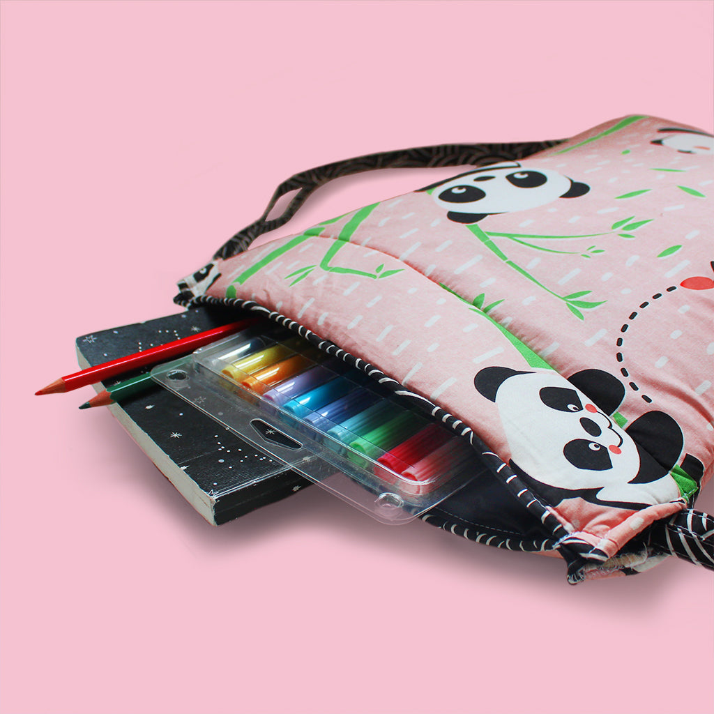 Drawstring Bag with Waterproof Lining || Multipurpose, Swimming Bag, Playtime Bag, Tuition Bag - Panda Village, Pink