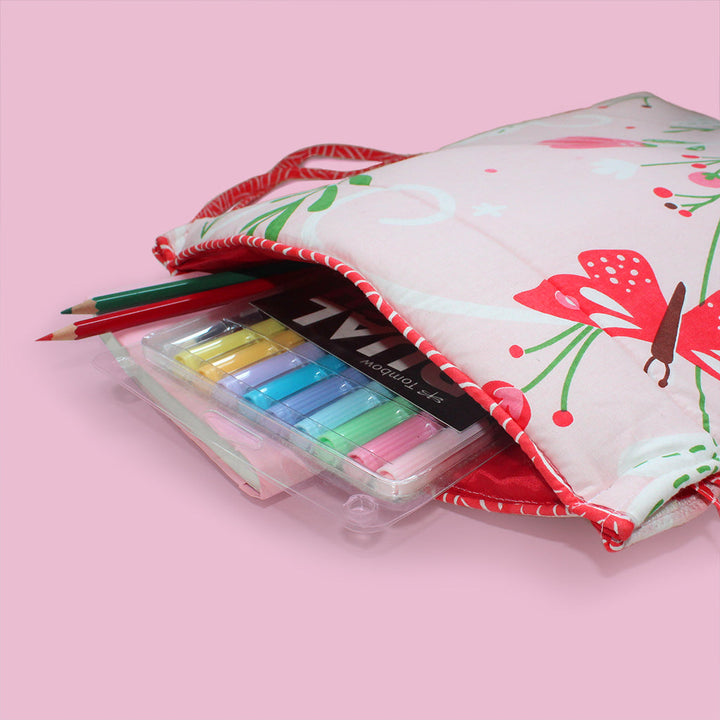 Drawstring Bag with Waterproof Lining || Multipurpose, Swimming Bag, Playtime Bag, Tuition Bag - Flowers & Butterflies