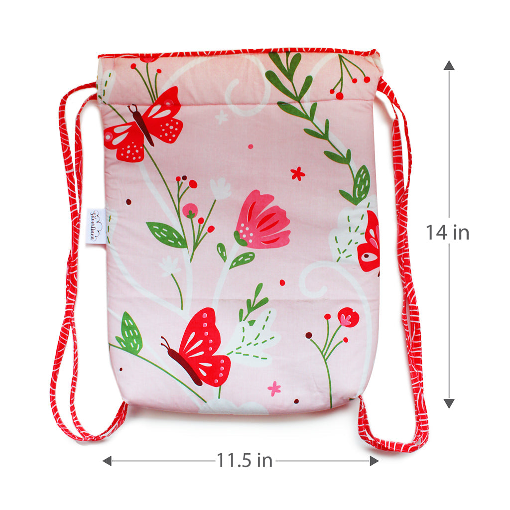 Drawstring Bag with Waterproof Lining || Multipurpose, Swimming Bag, Playtime Bag, Tuition Bag - Flowers & Butterflies