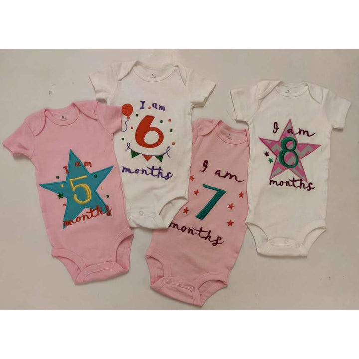 Hand Embroidered Milestone Romper Set of 12 - Bubble thoughts - Pink White Pink Combination