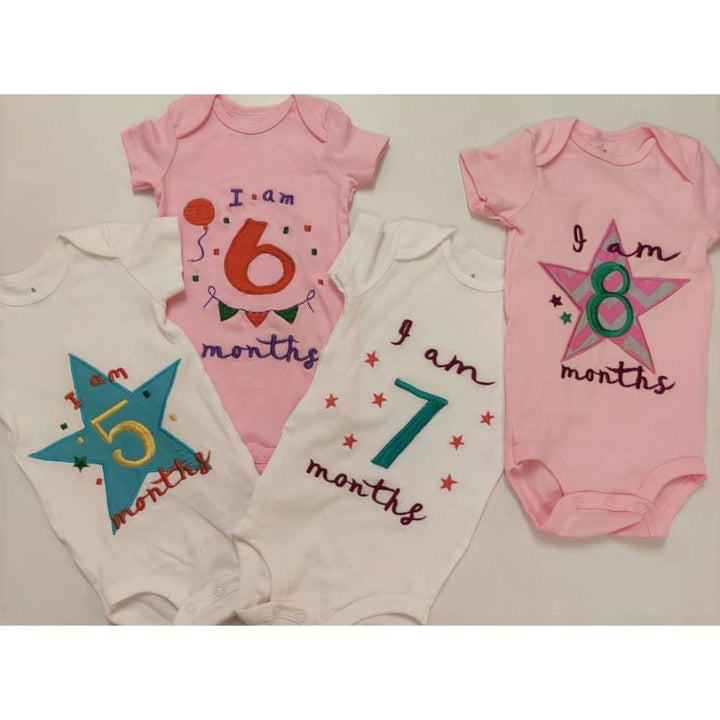 Hand Embroidered Milestone Romper Set of 12 - Bubble thoughts - White Pink White Combination