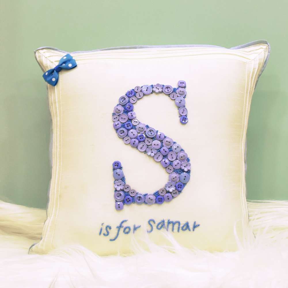 Monogrammed Button Cushion - Blue