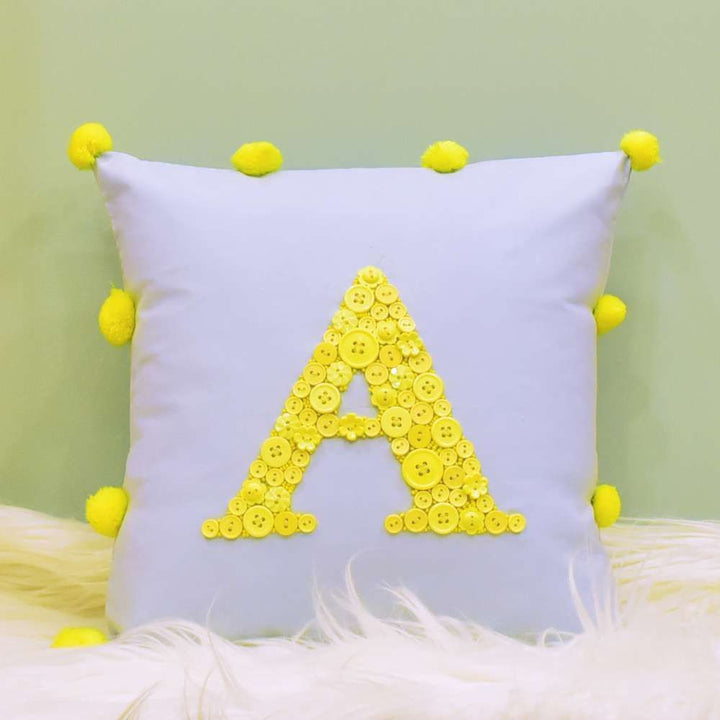 Monogrammed Button Cushion- Pom Pom