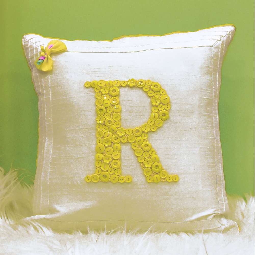 Monogrammed Button Cushion- Yellow