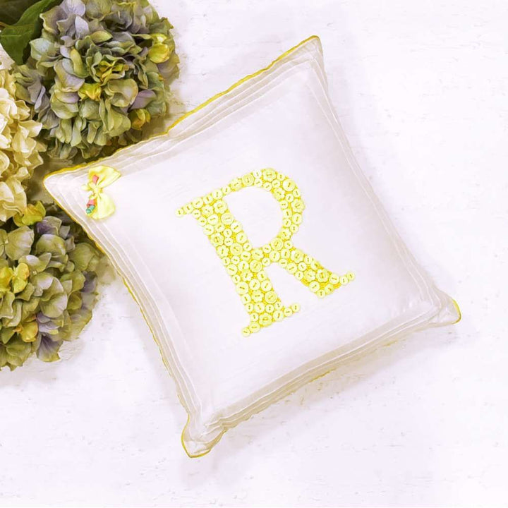 Monogrammed Button Cushion- Yellow