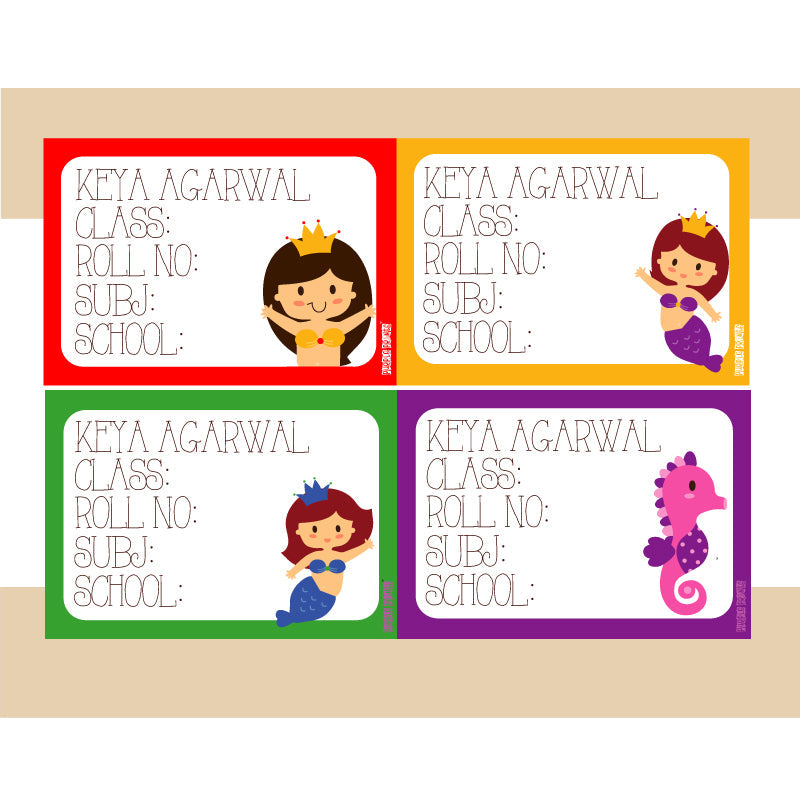 Personalised School Book Labels - Mermaid, Pack of 36