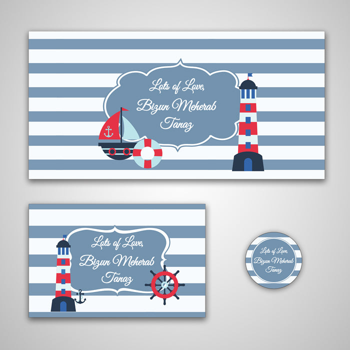 PERSONALISED GIFT ENVELOPES, CARDS & STICKERS COMBO -  NAUTICAL, SET OF 130