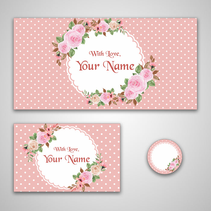 PERSONALISED GIFT ENVELOPES, CARDS & STICKERS COMBO - PINK POLKA, SET OF 130
