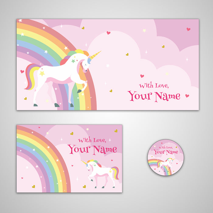 PERSONALISED GIFT ENVELOPES, CARDS & STICKERS COMBO - MAGICAL UNICORN, SET OF 130