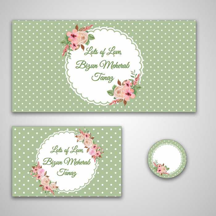 PERSONALISED GIFT ENVELOPES, CARDS & STICKERS COMBO - GREEN POLKA, SET OF 130