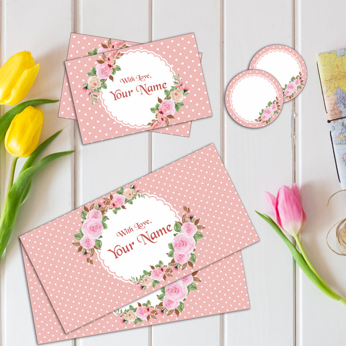 PERSONALISED GIFT ENVELOPES, CARDS & STICKERS COMBO - PINK POLKA, SET OF 130