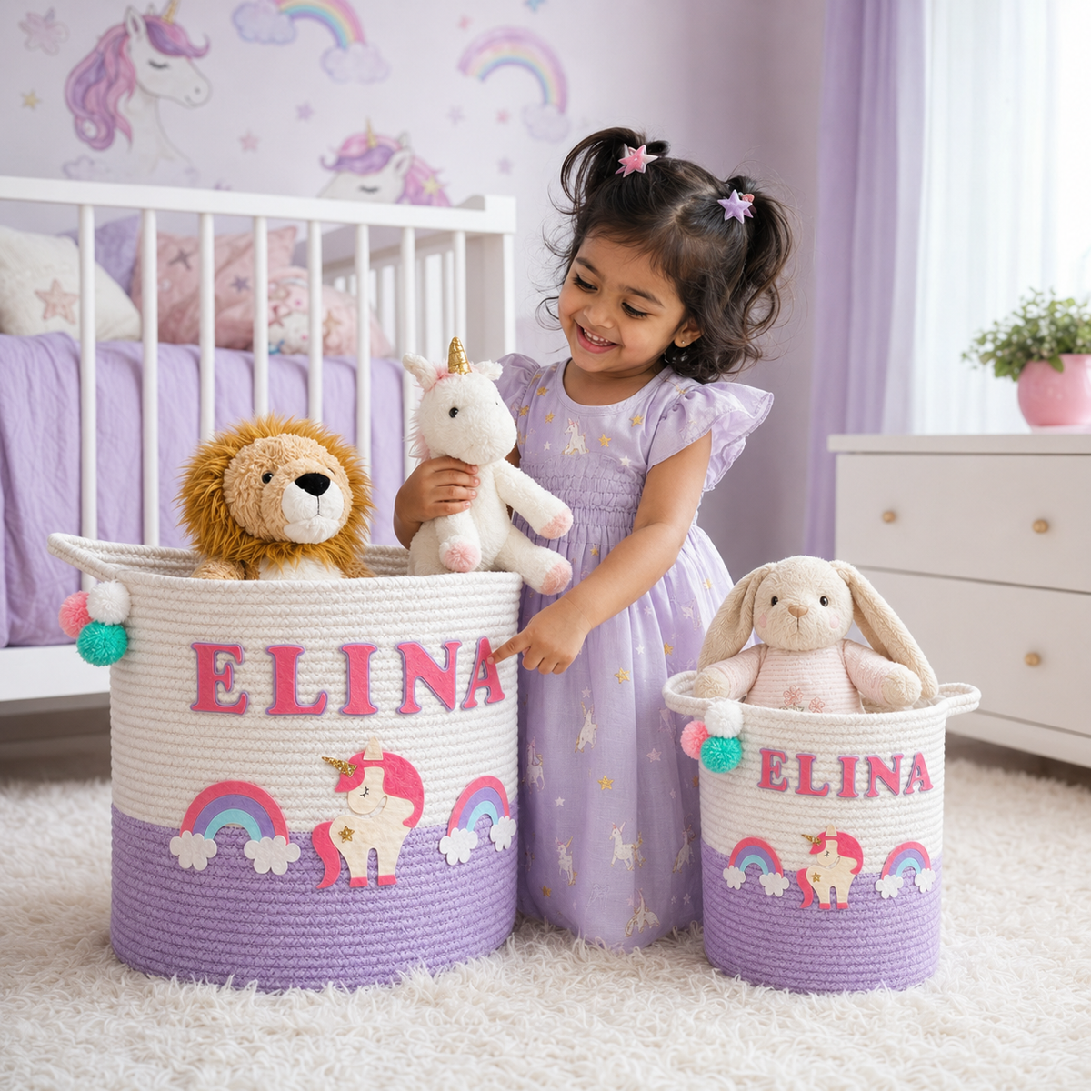 Babble Wrap Jute Cotton Storage Basket - Unicorn Dreams & Rainbows
