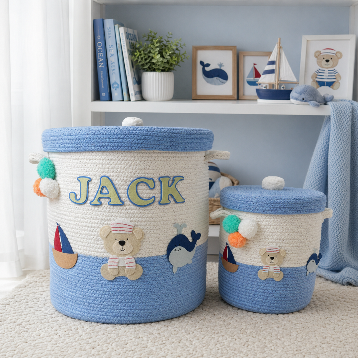 Babble Wrap Jute Cotton Storage Basket with Lid- Seaside Skies